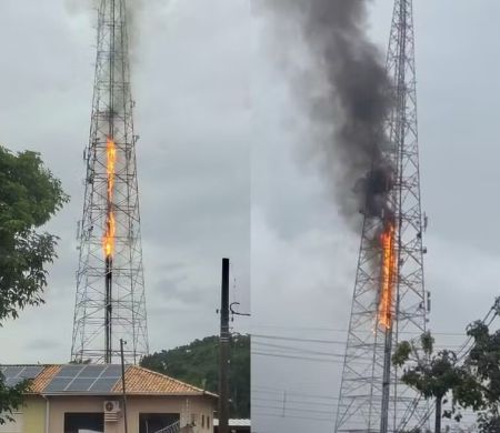 Incêndio atinge torre de transmissão da TV MS Record Incêndio atinge torre de transmissão da TV MS Record