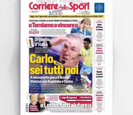 Sem Itália na Copa, Corriere dello Sport abraça o Brasil de Ancelotti
