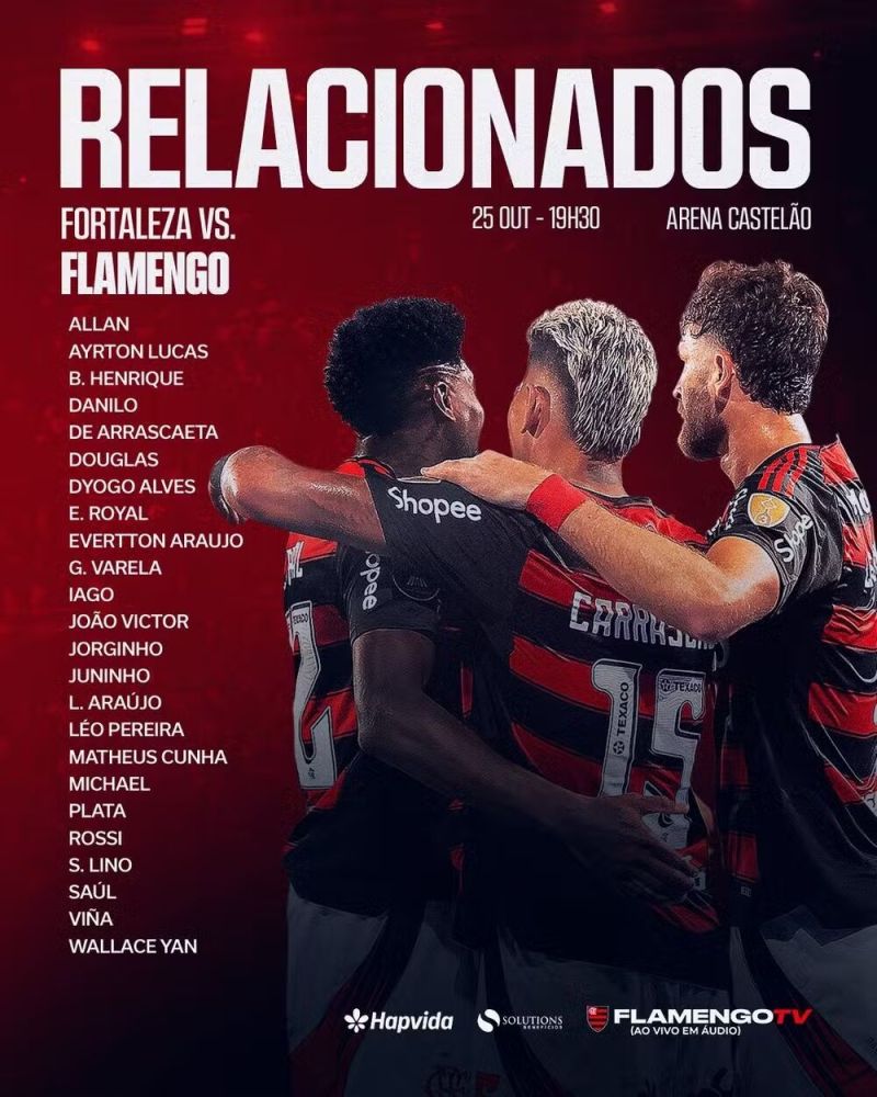 Relacionados do Flamengo para enfrentar o Fortaleza (Foto: Divulgação/Flamengo)
