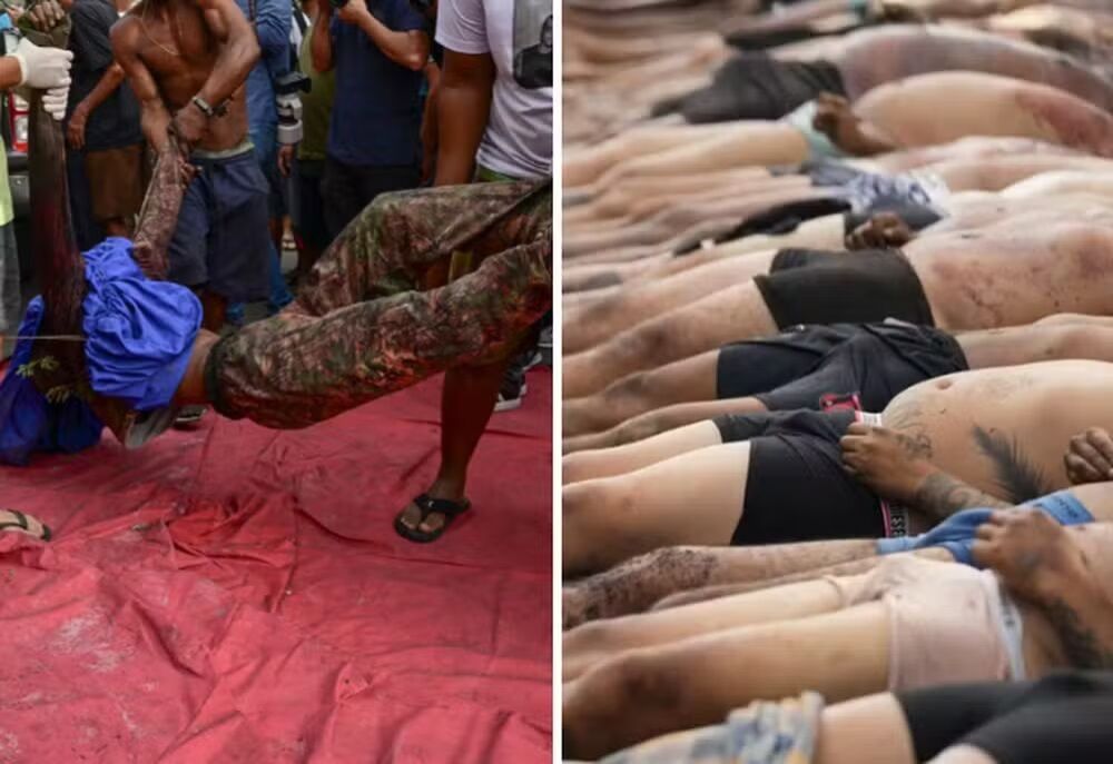 Foto mostra corpos colocados em praça no Complexo da Penha (Foto: Pablo Porciuncula/AFP e AP Photo/Silvia Izquierdo)